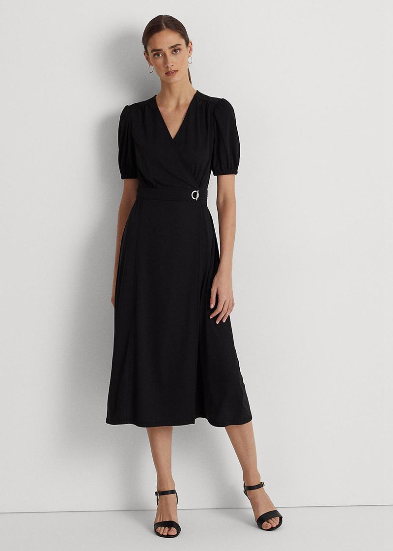 Sukienka Lauren Damska Czarne Stretch Jersey Puff-Sleeve Wrap 347961-PVT